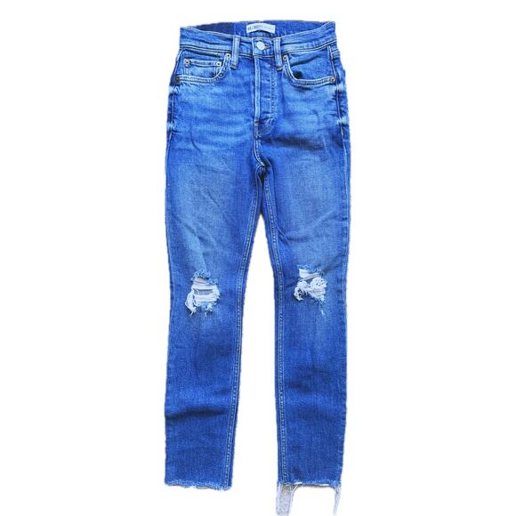 Re/Done 90s High Rise Ankle Crop Jeans Blue Dusty Destroy Size 24 - Picture 3 of 9